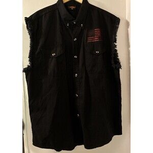 Hot Leather Red American Flag Black Frayed Sleeves Denim Shirt 100% Cotton 3XL